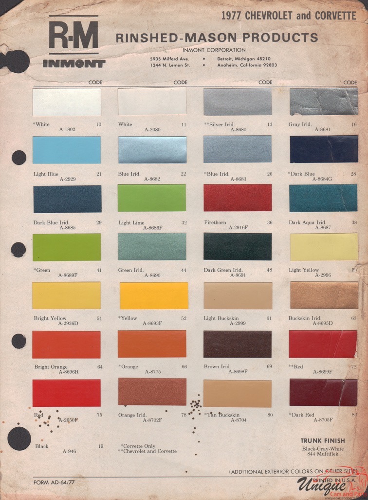 1977 Chev Paint Charts RM 1